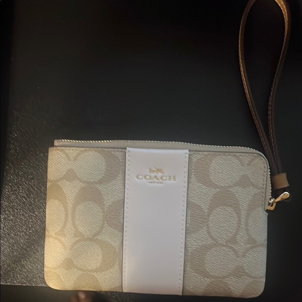 Coach Tan and White Clutch with Signature Monogram
